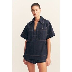 Shona Joy RITA PULLOVER TOP  Top Denim Shirt OVERSIZED Deep Indigo SZ 4